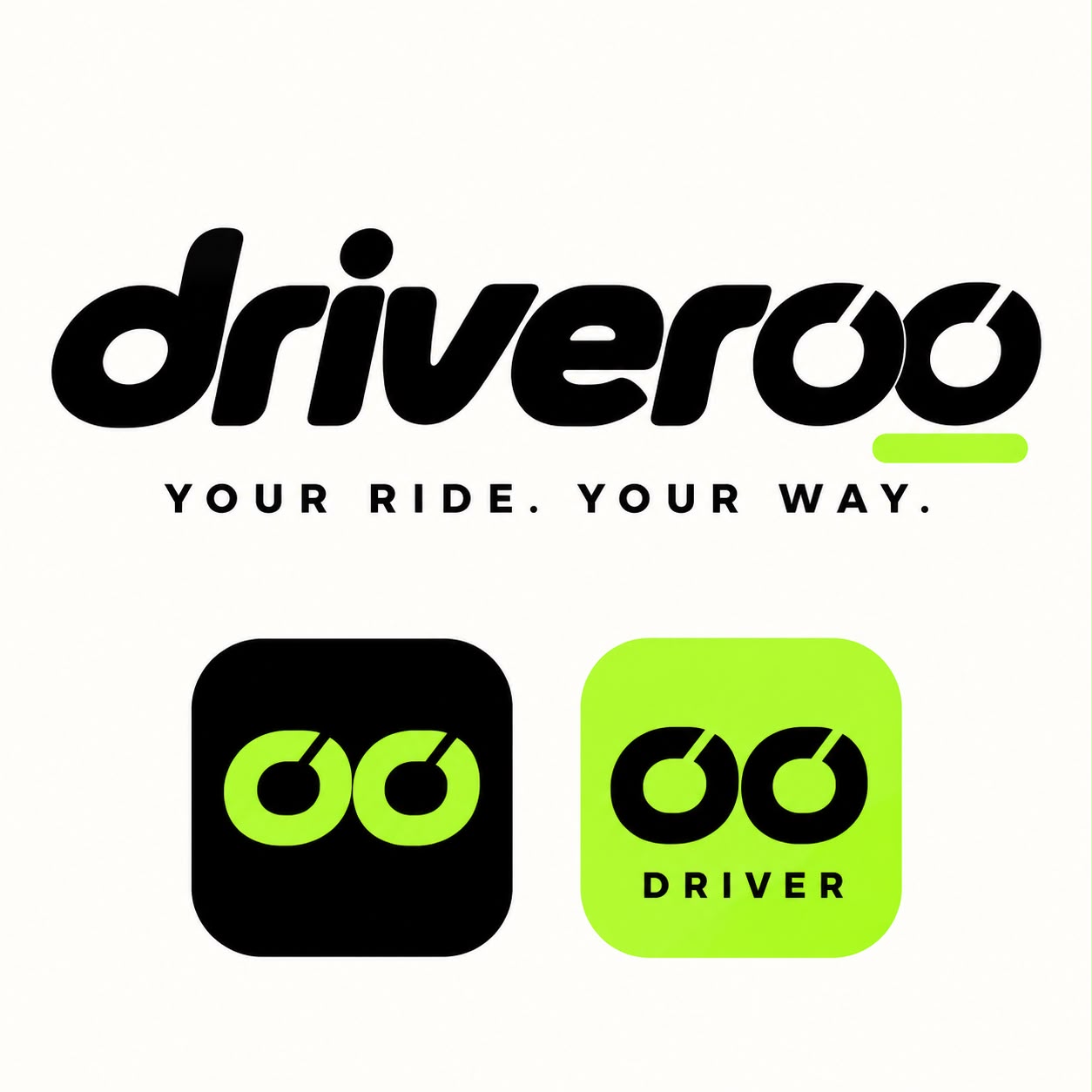 Driveroo logo: black wordmark with a lime underline, and the rider and driver app icons
